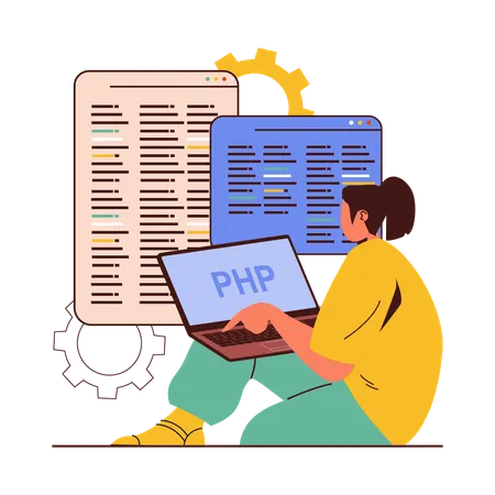 Desenvolvedor feminino PHP trabalhando no laptop  Ilustração
