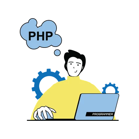 Php developer working on laptop  Illustration