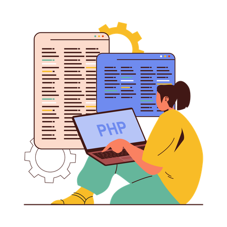 PHP-Entwicklerin arbeitet am Laptop  Illustration