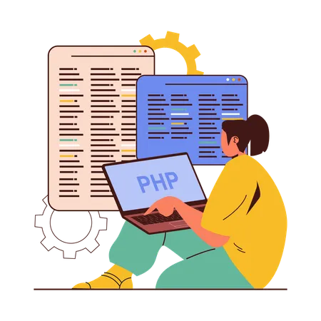 PHP-Entwicklerin arbeitet am Laptop  Illustration