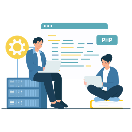 새로운 소프트웨어를 개발하는 PHP 프로그래밍 팀  일러스트레이션
