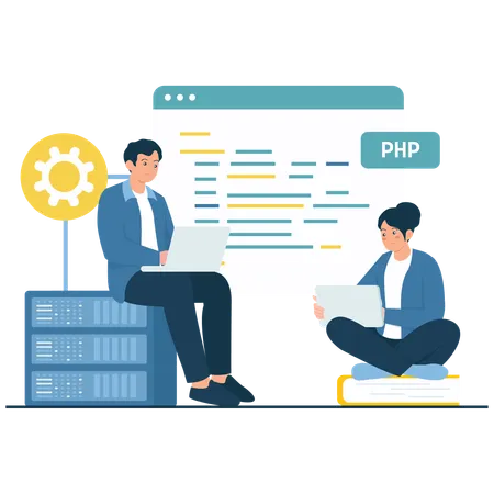 새로운 소프트웨어를 개발하는 PHP 프로그래밍 팀  일러스트레이션