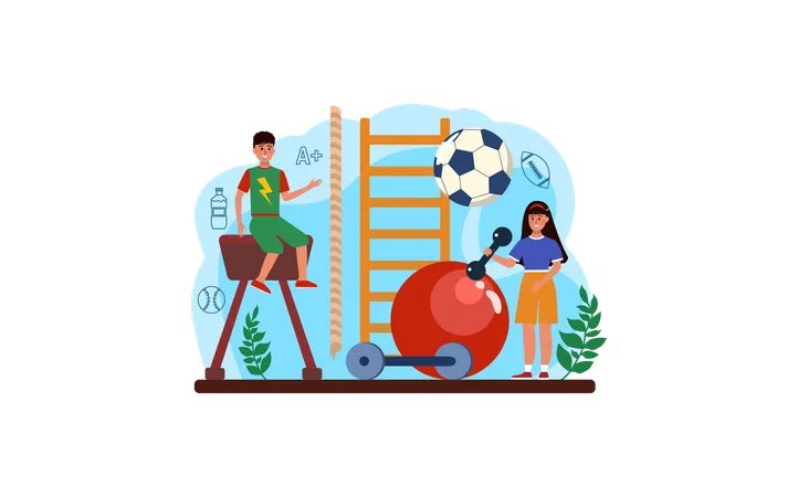 Physical Education Or School Sport Class Web Banner Or Landing Page Set Students Doing Excercise In The Gym With Sport Equipment Flat Vector Illustration イラスト