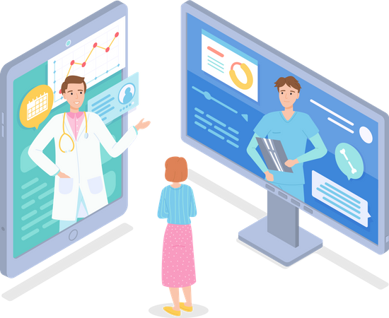 Physicians with patient at medical website  Illustration