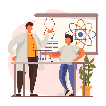 Physics experiment by teacher and student  Illustration