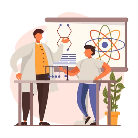 Physics experiment by teacher and student  Illustration