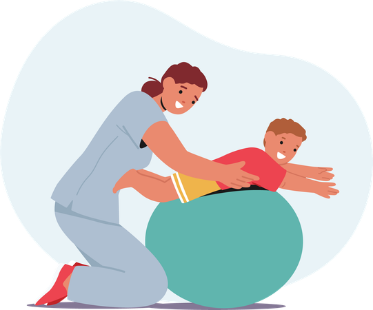 Physiothérapie avec un enfant allongé sur un ballon d'exercice tandis que le thérapeute guide ses mouvements  Illustration