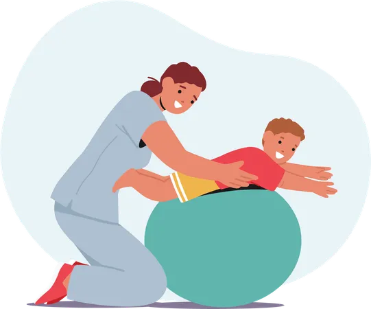 Physiothérapie avec un enfant allongé sur un ballon d'exercice tandis que le thérapeute guide ses mouvements  Illustration