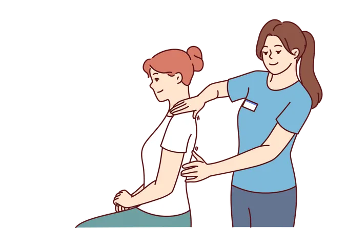 Woman Physiotherapist Gives Massage To Patient To Relieve Shoulder Or Back Pain After Failed Workout Girl Works As Physiotherapist And Is Engaged In Chiropractic And Helping People With Sick Spine Illustration