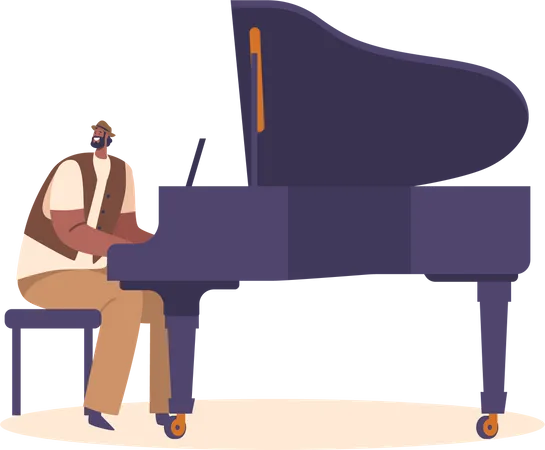 Pianist Male Character Playing Jazz Musical Composition on Grand Piano for Performance on Stage  Illustration