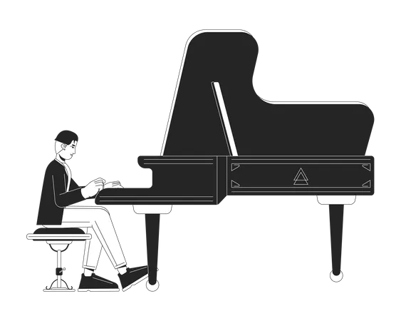 Pianist Playing Grand Piano Black And White Cartoon Flat Illustration Asian Adult Man Wearing Concert Attire 2 D Lineart Character Isolated Male Performer Monochrome Scene Vector Outline Image Illustration