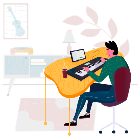 Pianista masculino tocando el piano electrónico  Ilustración