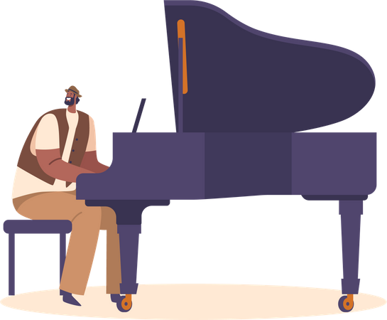 Personagem masculino pianista tocando composição musical de jazz no piano de cauda para apresentação no palco  Ilustração