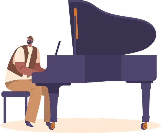 Personagem masculino pianista tocando composição musical de jazz no piano de cauda para apresentação no palco  Ilustração