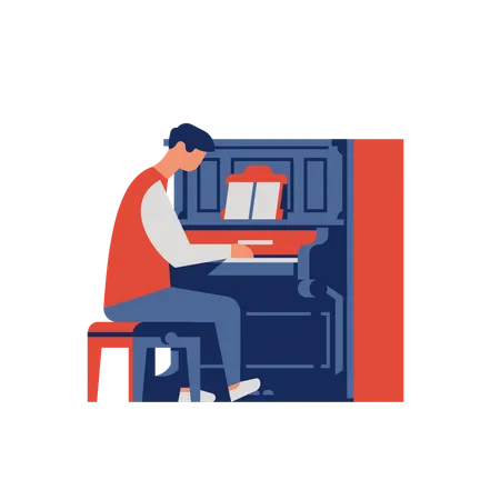 Personagem De Pianista Abstrato Tocando Piano Vertical Antigo Compositor Trabalhando Em Uma Melodia Com Seu Piano E Notas Ilustração