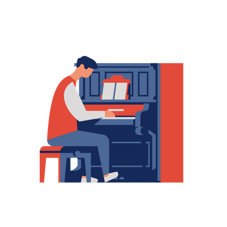 Pianista tocando piano vertical antigo  Ilustração