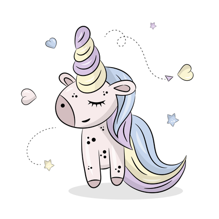 Piccolo unicorno carino su uno sfondo bianco con stelle  Illustration