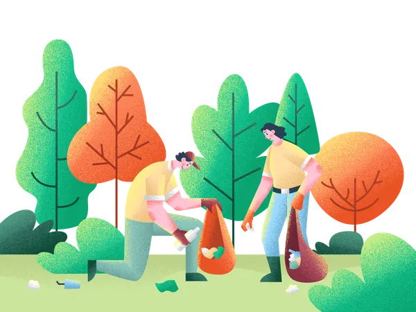 Picking up human trash from forest Illustration