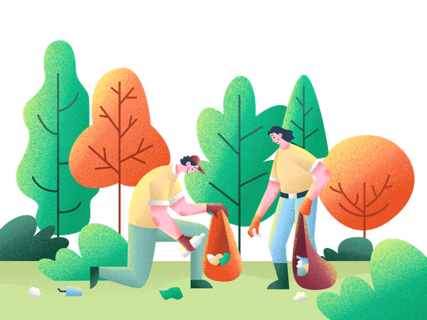 Picking up human trash from forest  Illustration