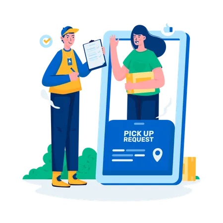 A Woman Requests Package Pickup Service Online Illustration Illustration