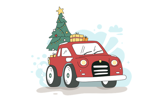 Pickup Truck Carrying  Christmas Tree  Illustration
