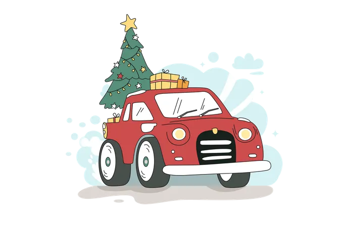 Pickup Truck Carrying  Christmas Tree  Illustration