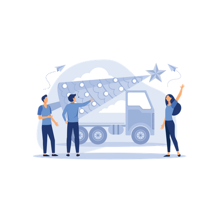 Pickup with Christmas tree in trunk  Illustration