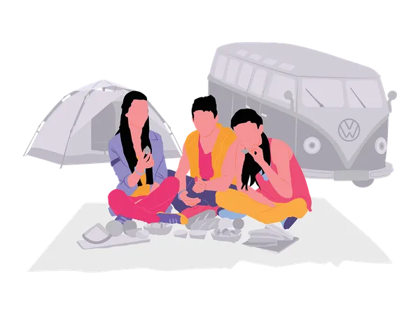 Picnic and camping with friends  Illustration