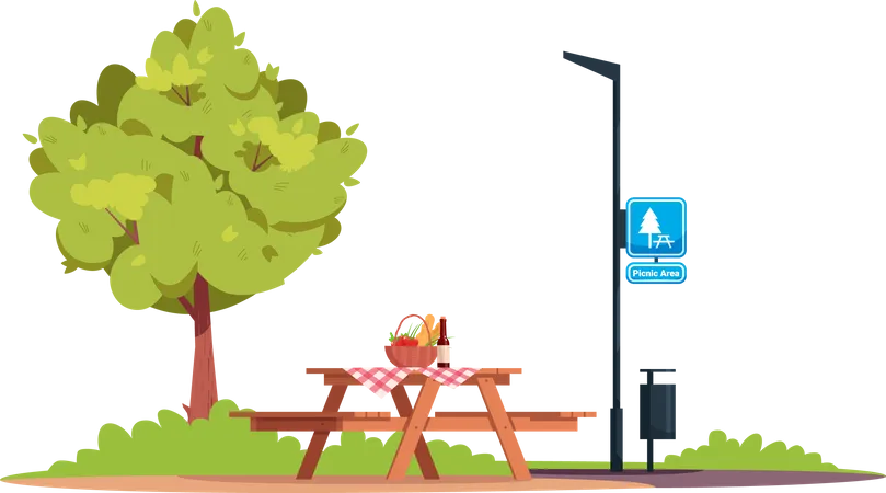 Picnic Area Semi Flat RGB Color Vector Illustration Picnic Table With Food And Bench Outing And Dining Summer Recreation Area With No People Isolated Cartoon Objects On White Background Illustration