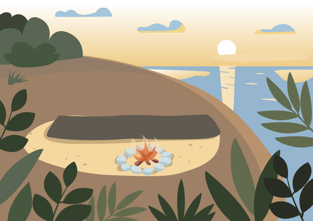 Picnic blanket near bonfire  Illustration