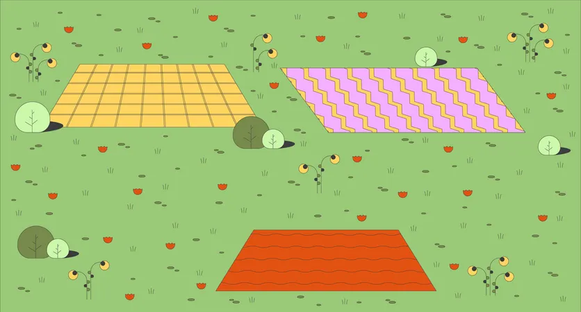 Picnic blankets placed on grassy field with blooming flowers  Illustration