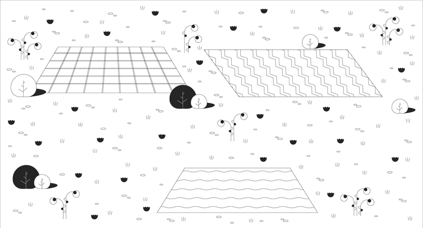 Picnic blankets placed on grassy field with blooming flowers  Illustration