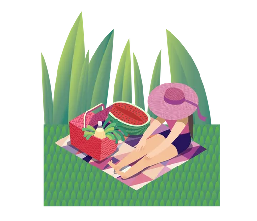 Picnic Image Flat Cartoon Vector Illustration Of Girl Sitting In The Grass With A Ribbon Sun Hat Picnic Wicker Basket Lemonade Bottle White Wine Greenery Salad Watermelon Summer Postcard Illustration