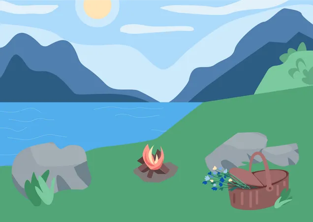 Picnic In Mountains Flat Color Vector Illustration Camping For Recreation Basket With Flowers Bonfire For Family Hiking Nature 2 D Cartoon Landscape With Mountain Peaks On Background Illustration
