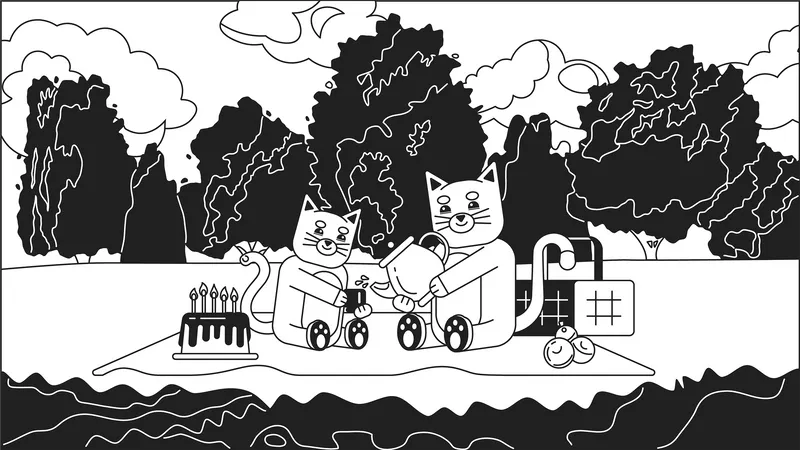 Picnic In The Park Black And White Cute Chill Lo Fi Wallpaper Kittens Celebrating Birthday Linear 2 D Vector Cartoon Characters Illustration Monochrome Lofi Anime Background Bw 90 S Kawaii Aesthetic Illustration