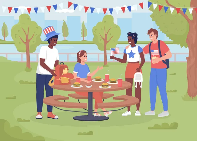 Picnic para celebrar el Día de la Independencia en el parque  Ilustración