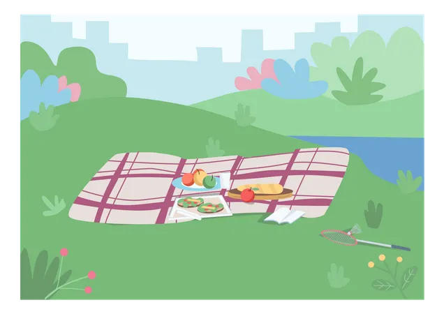 Spot For Picnic Flat Color Vector Illustration Blanket With Food On Plated To Have Dinner Outside Place For Leisure On Grass Hill Park 2 D Cartoon Landscape With Cityscape And Bushes On Background Illustration