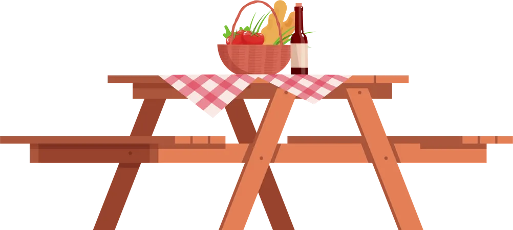 Picnic Table Semi Flat RGB Color Vector Illustration Checked Table Cloth Table With Attached Benches For Outdoor Dining Food And Drinks Isolated Cartoon Object On White Background Illustration