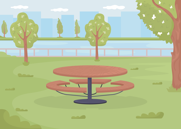 Picnic table surrounded by residential green space Illustration