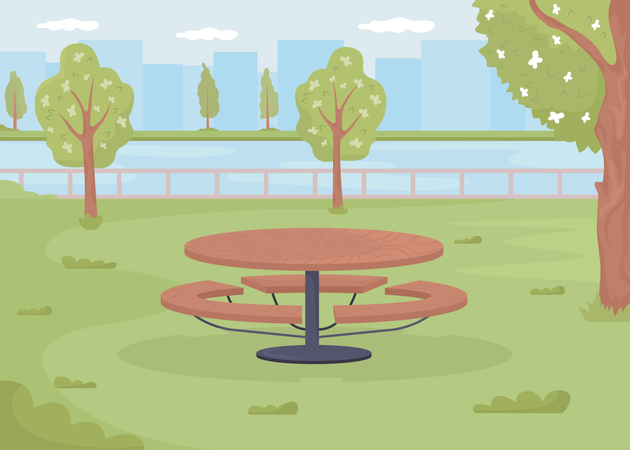 Picnic table surrounded by residential green space  Illustration