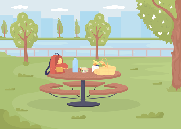 Picnic table with basket and backpack Illustration
