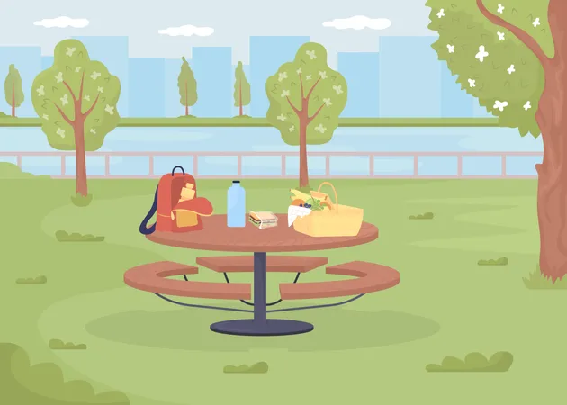 Picnic Table With Basket And Backpack Flat Color Vector Illustration Urban Environment Outdoor Venue Green Place For Picnic In Park 2 D Simple Cartoon Landscape With City On Background Illustration