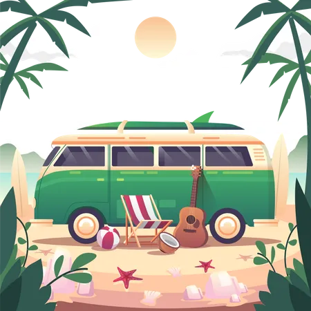 Summertime Scene Happy Summer A Green Van Parked At The Beach On A Relaxing Day There Are Deck Chairs Guitars Beach Balls Surfboard And Coconuts Lying On The Sand During Sunset Vector Flat Illustration Illustration