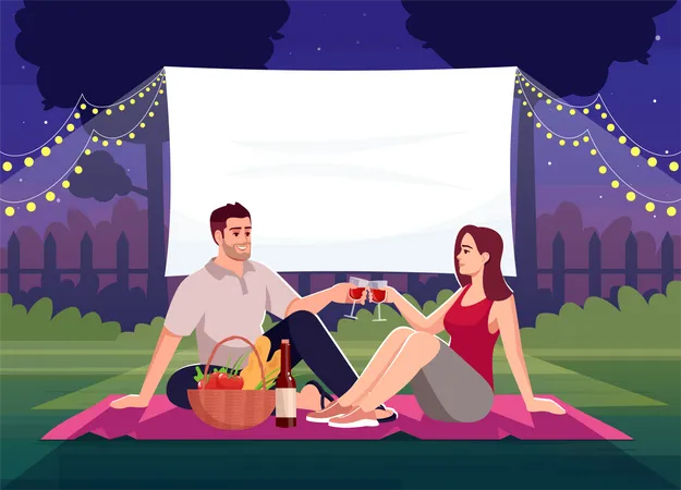 Movie Date Semi Flat Vector Illustration Romantic Weekend For Lovers Picnic With Wine And Film Watching Large Display For Backyard Cinema Couple 2 D Cartoon Characters For Commercial Use Illustration