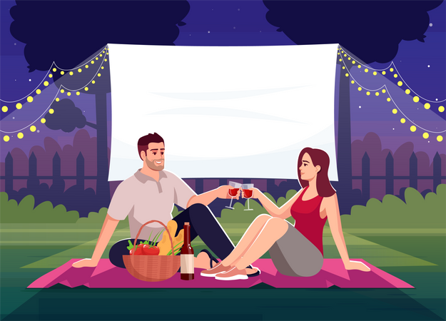 Picnic with wine and film watching  Illustration