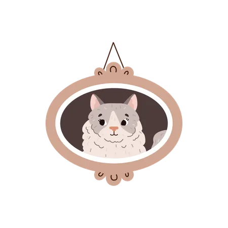 Picture Or Photo Portrait Of Adorable Cute Cat Portrait Painting Of Domestic Cat Lovely Pet In Oval Frame Flat Vector Illustration Isolated On White Background Illustration