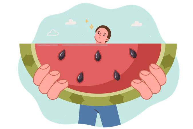 Piece of watermelon in hands of hungry man eating sweet fruit  Illustration