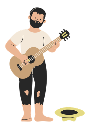 Homme sans abri pieds nus jouant de la guitare  Illustration