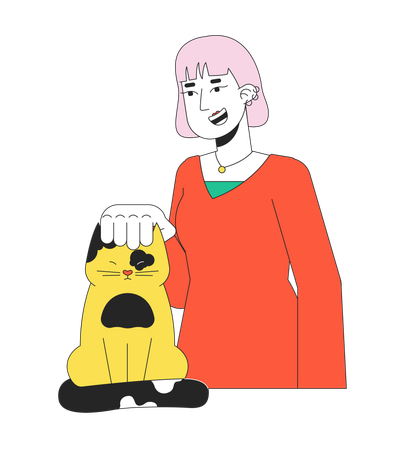 Piercings nas orelhas menina asiática acariciando gato  Ilustração
