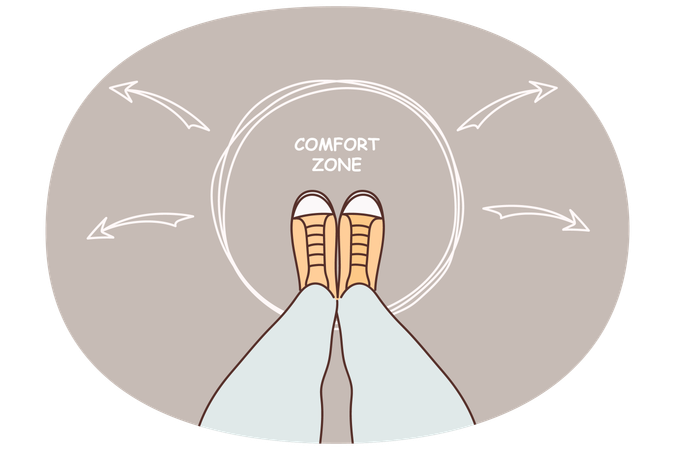 Piernas humanas e inscripción "zona de confort" en el pavimento como concepto de superación personal.  Ilustración